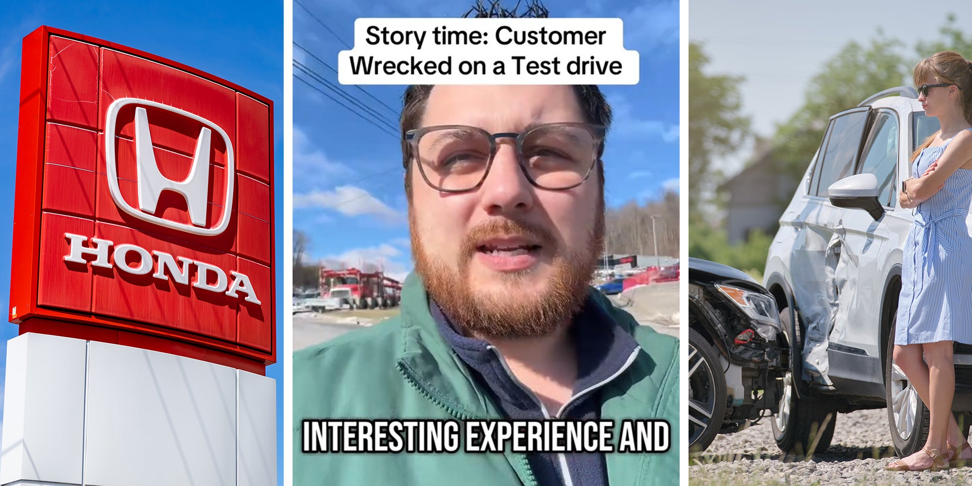 Honda Dealer logo(l) MAn shares car wreck experience(c) Woman standing next to car crash(r)