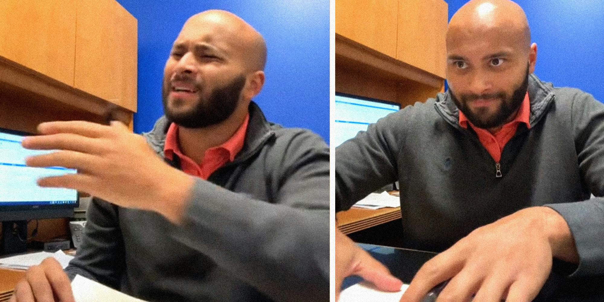 Two panel image of a man sitting behind a desk. On the left, he waves his hand away and has an annoyed expression on his face. On the right, he pushes a paper across the desk while looking intensely and smirking.