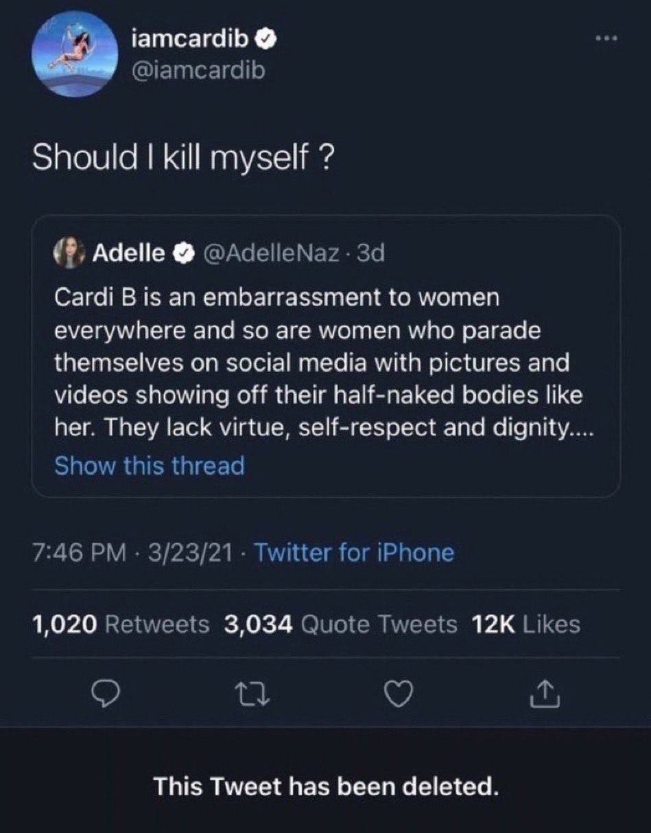 Deleted celebrity tweets. Cardi B wrote, 'Should I kill myself ?' after someone slammed her on social media.