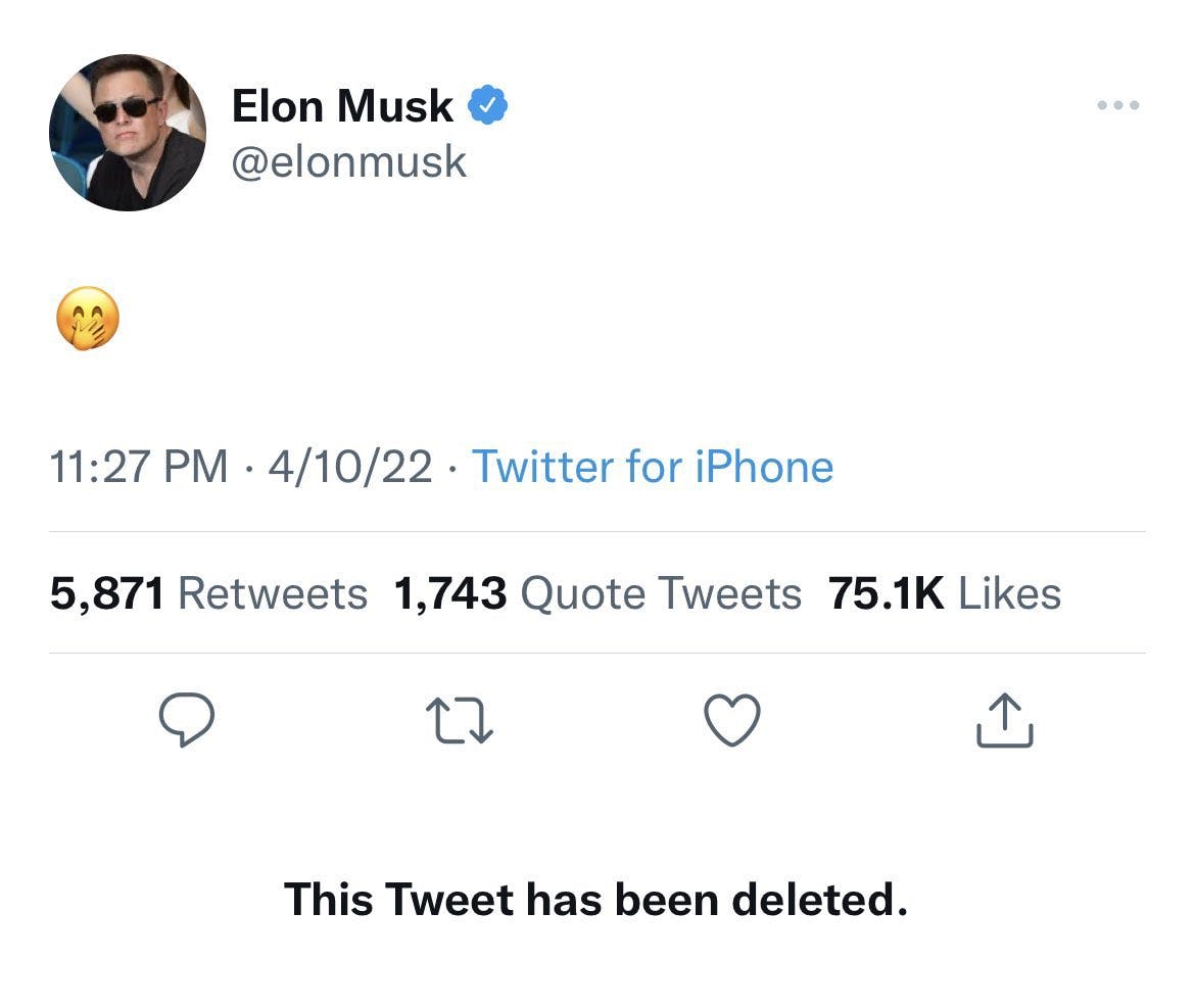 Deleted celebrity tweets. Elon Musk wrote, '(laughing with hand over face emoji)'