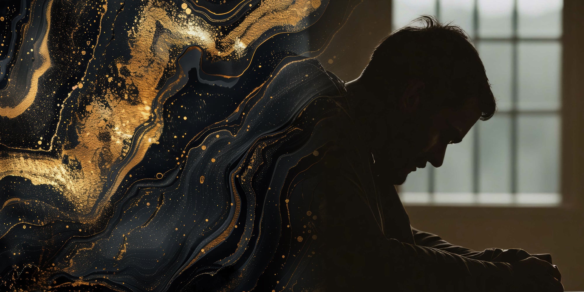 A screengrab of a tweet with gold swirls and a depressed in shadow.