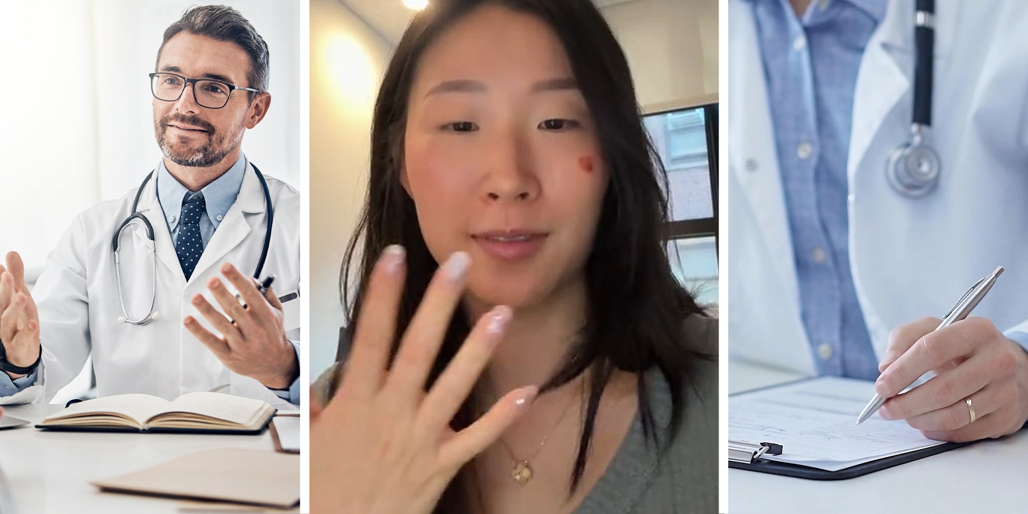 Doctor making hand gesture(l) Woman showing her hand(c) Doctor taking notes(r)