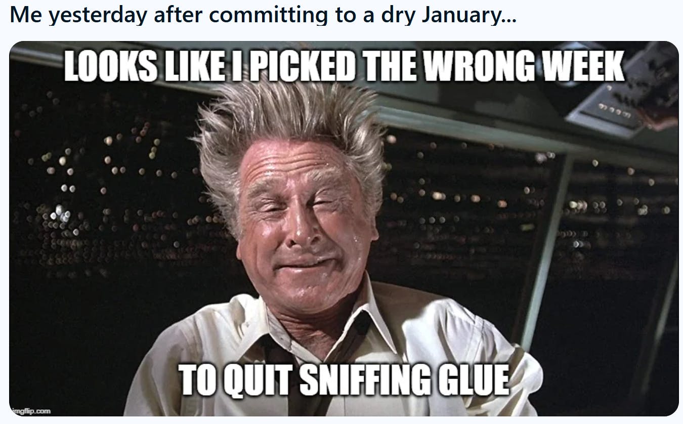 Reddit post that reads, 'Me yesterday after committing to a dry January...' with a meme from the movie Airplane that reads, 'Looks like I picked the wrong week to quit sniffing glue.'