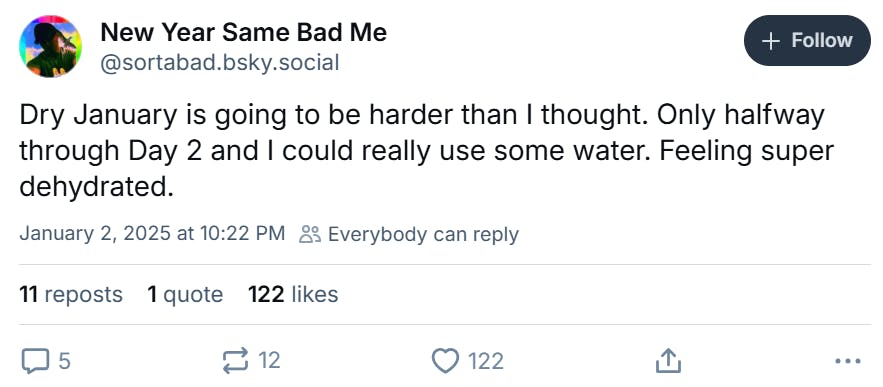 Post that reads, 'Dry January is going to be harder than I thought. Only halfway through Day 2 and I could really use some water. Feeling super dehydrated.'