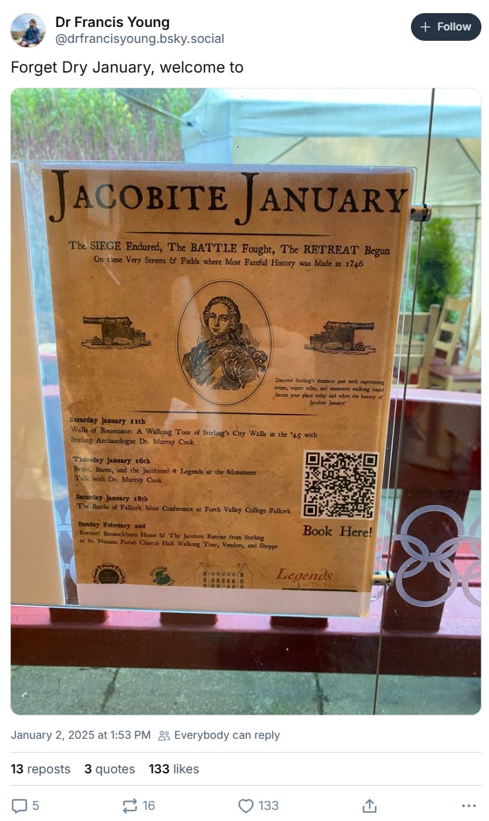 Post that reads, 'Forget Dry January, welcome to: with a photo of a poster that reads, 'Jacobite January.'