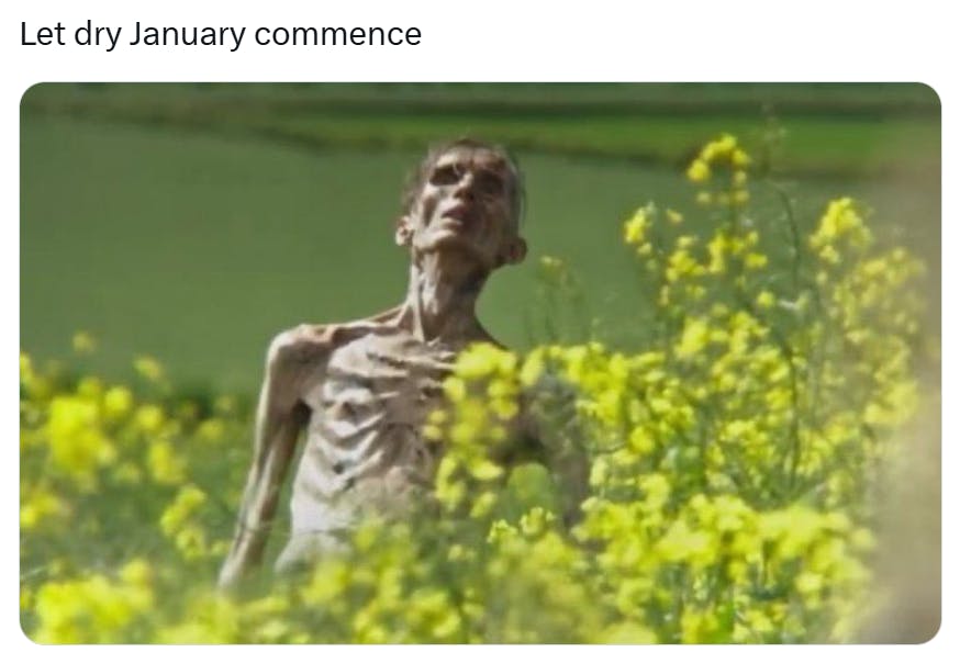 Dry January meme with a skeletal figure in a field of yellow flowers. Text reads, 'Let dry January commence.'