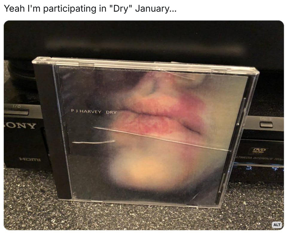 Post that reads, 'Yeah I'm participating in 'Dry' January...' with a photo of P.J. Harvey's 'Dry' CD.