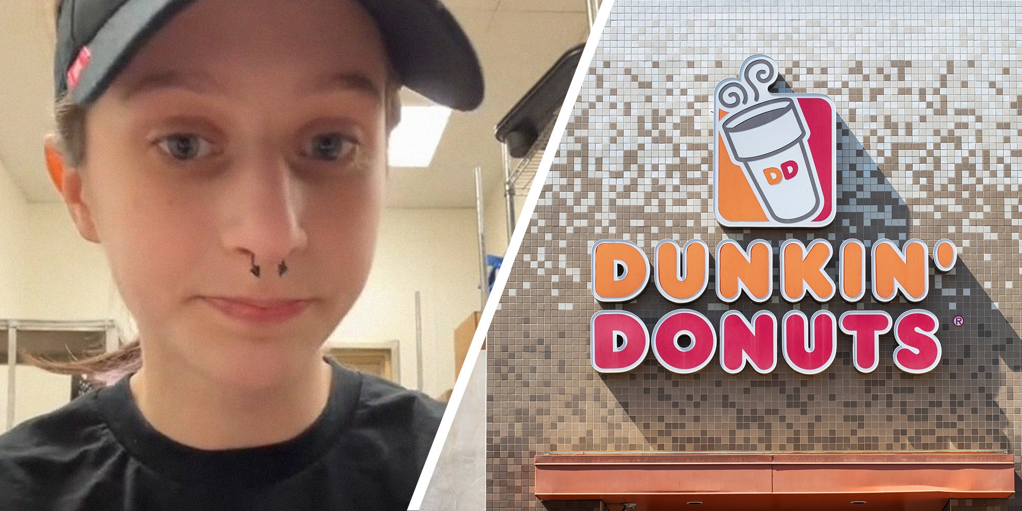 Woman shares Dunkin Donuts Hack(l) Dunkin Donuts Store Sign(r)