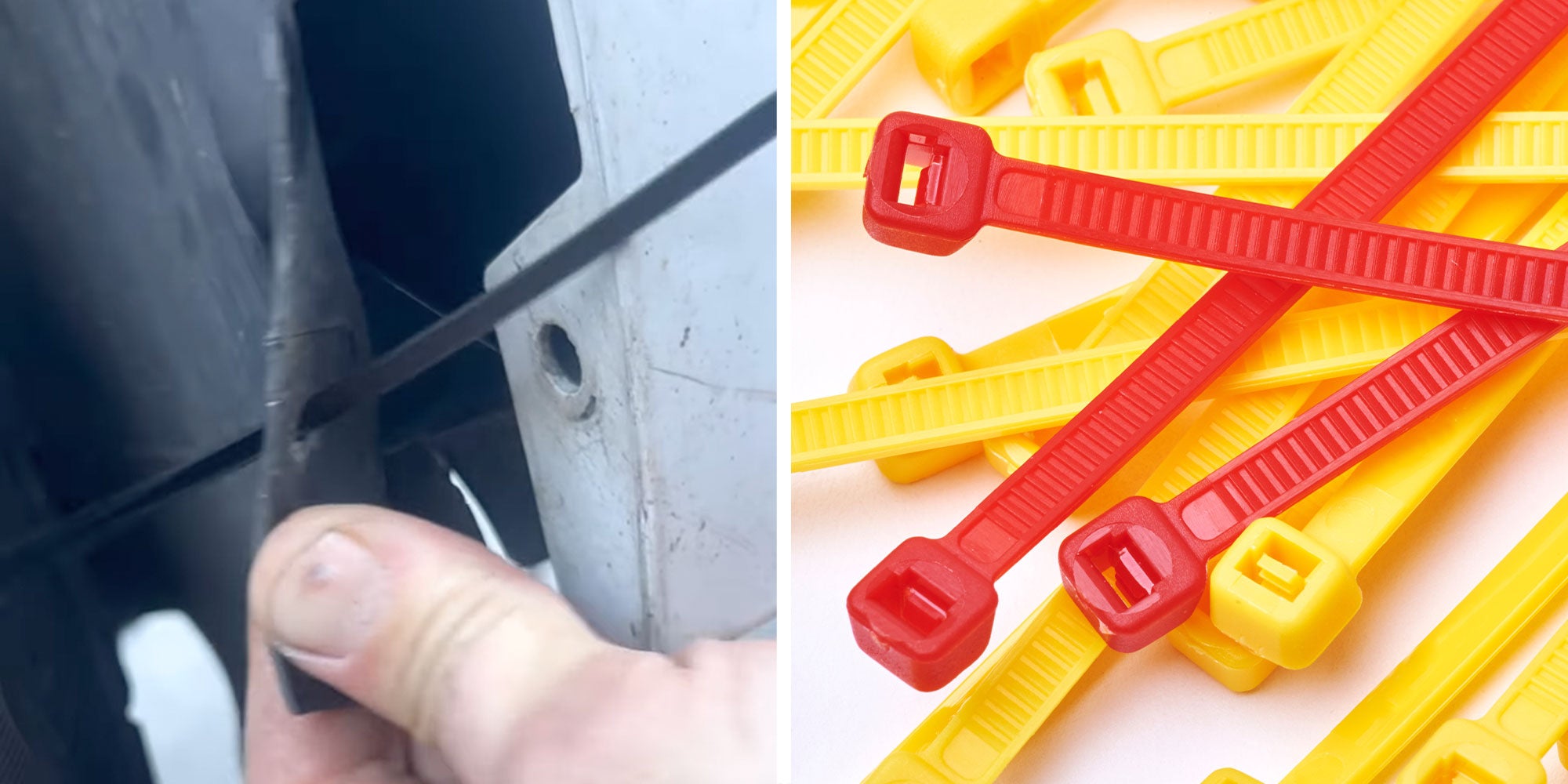 Two panel design with a person using a zip tie to repair a car, next to an image of a stack of zip ties