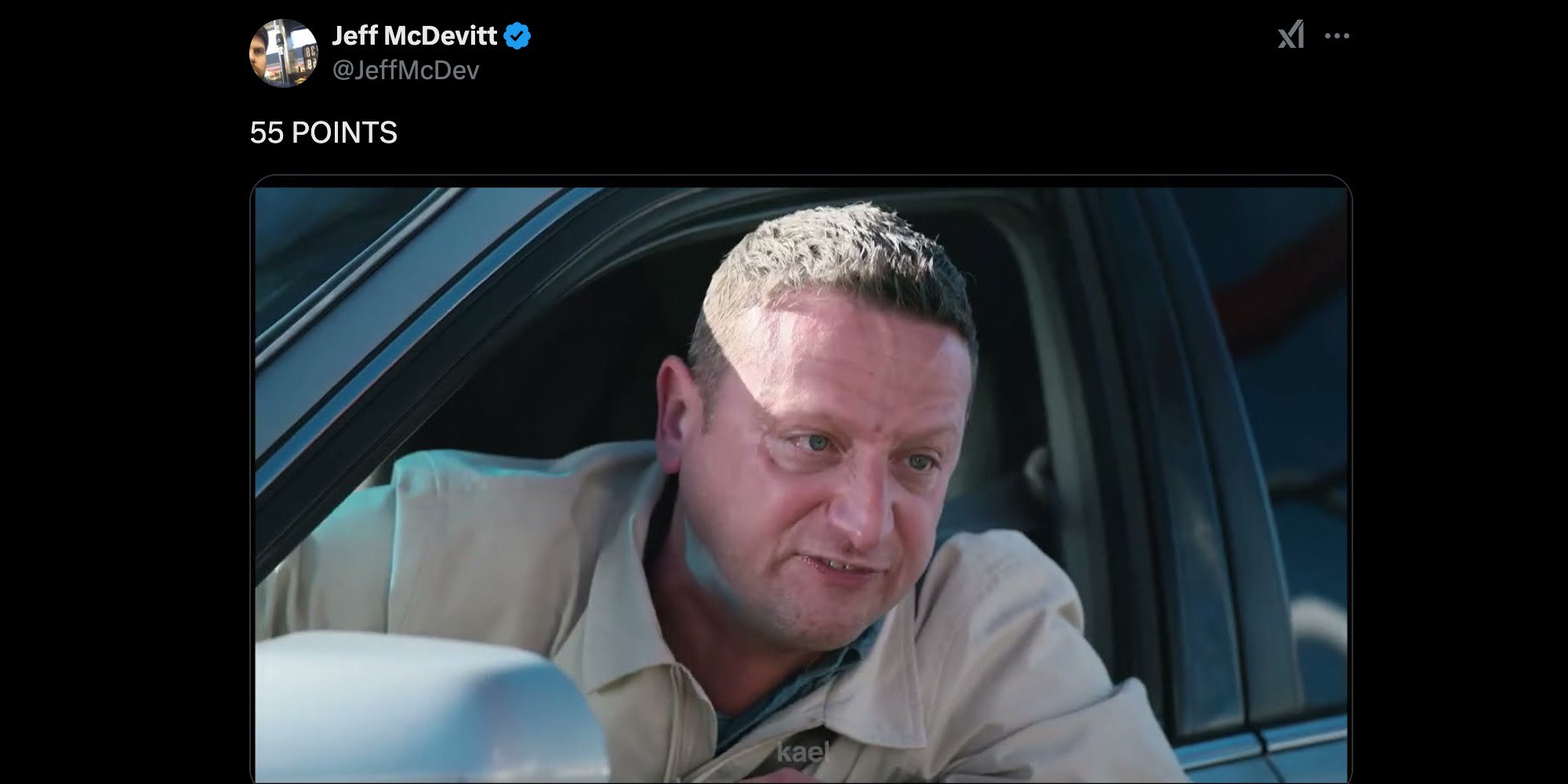 Tweet that says "55 points" with a screenshot of someone looking frustrated