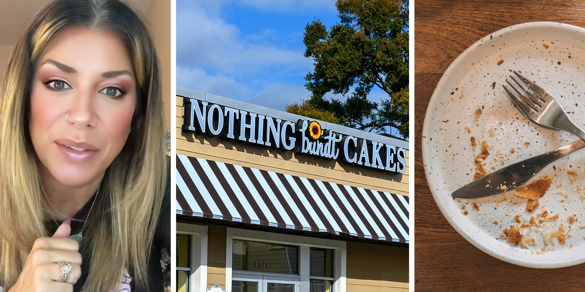 Woman sharing story about ordering cakes(l) Nothing Bundt Cakes store front(c) Crumbs of cake on plate with Fork and spoon crossed over(r)