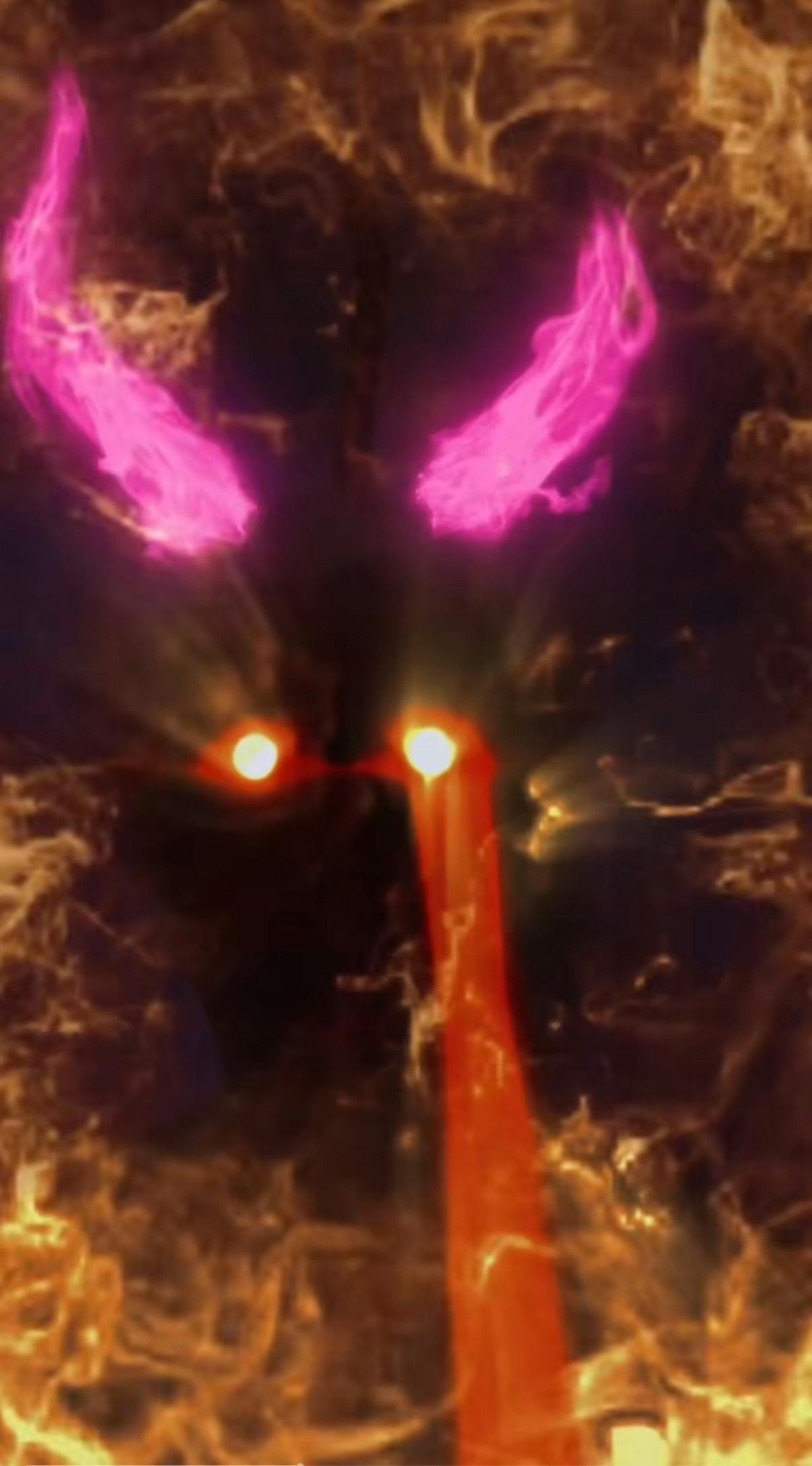 Eye of Rah meme edit with fire everywhere and two bright pink fiery horns.