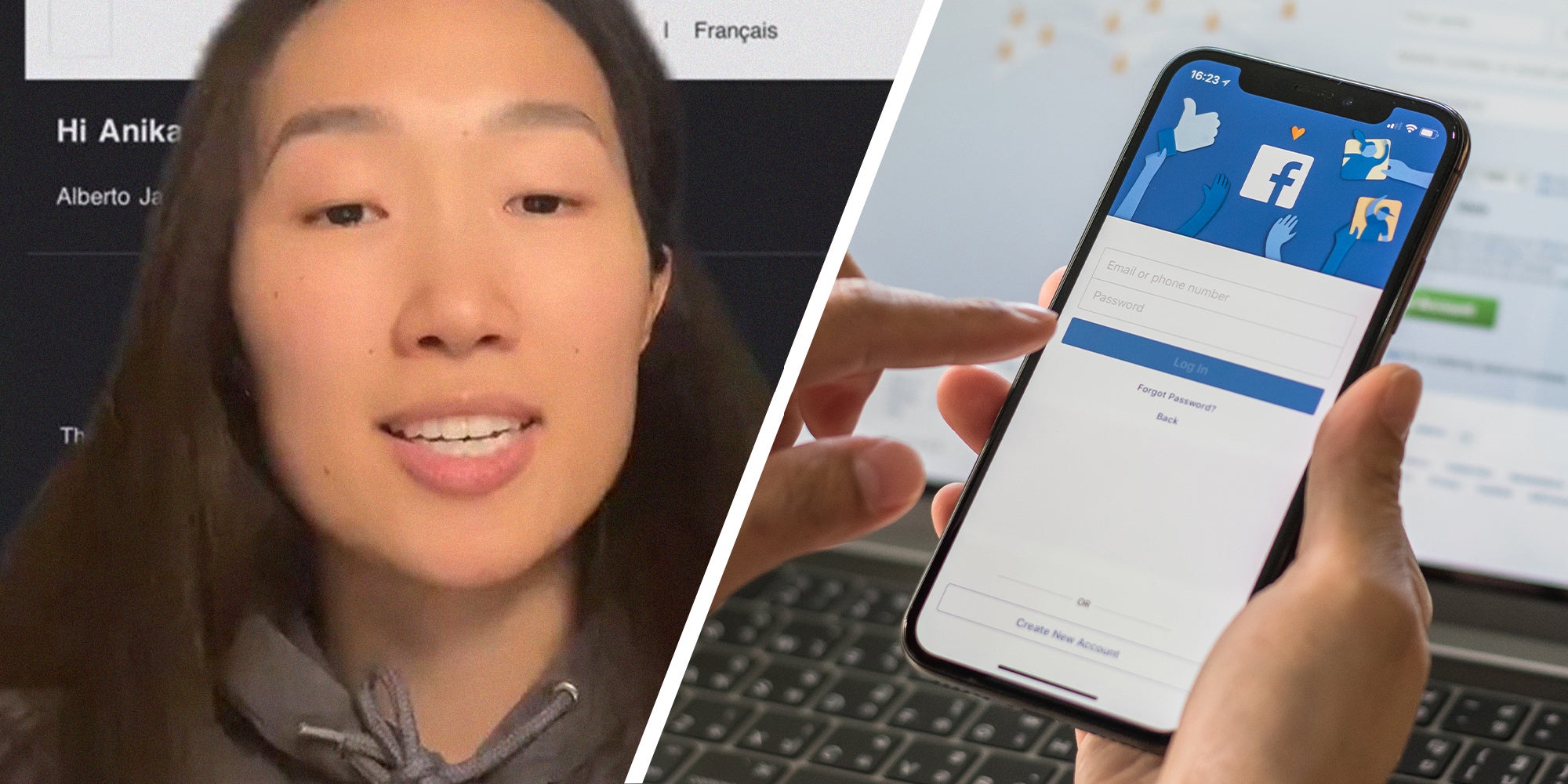 woman smiles(l) Person holding phone with facebook loading page(r)