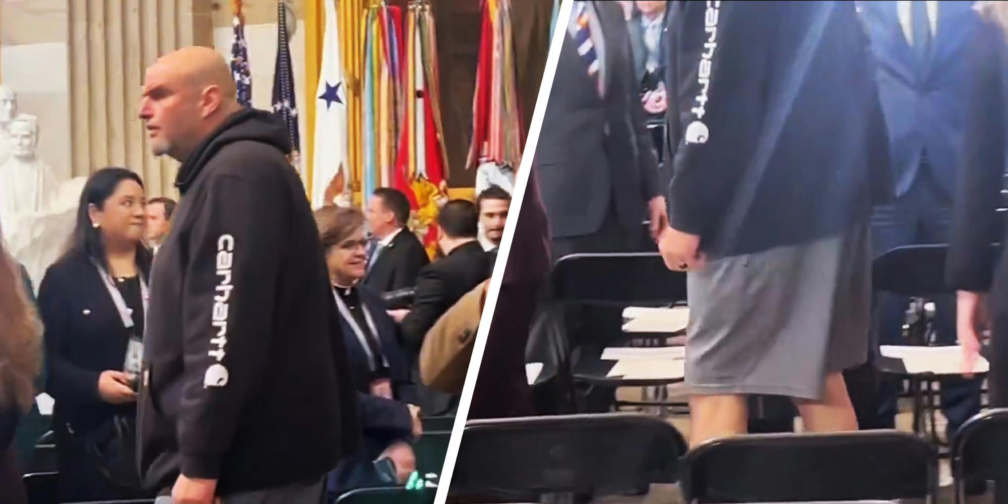 2 panel image of Fetterman wearing shorts at the presidential inauguration.