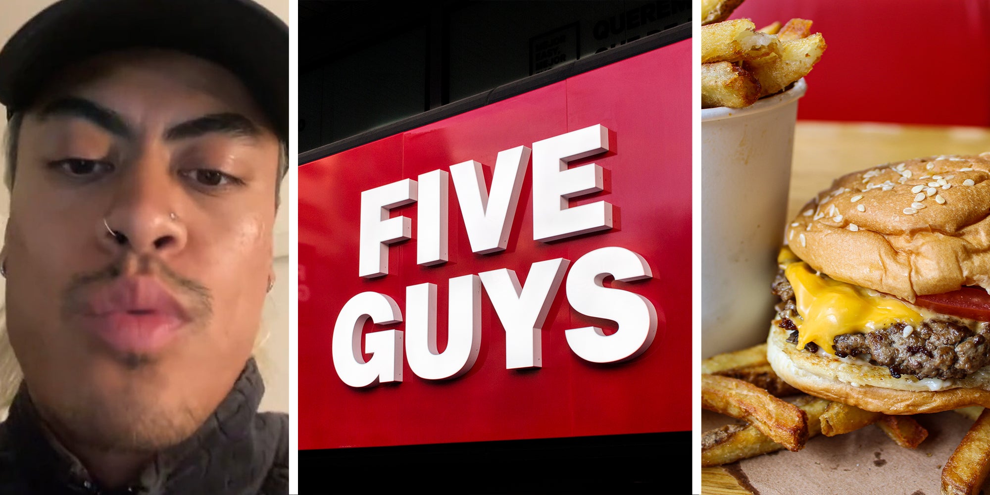 guy sharing five guys glitch(l) Five Guys Store Sign(c) Five Guys Burger(r)