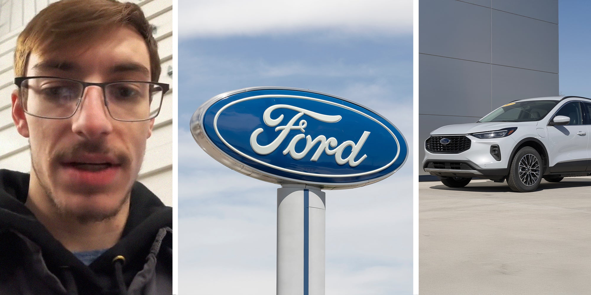 Driver shares experience with vehicle(l) Ford Dealer Sign(c) Ford Escape(r)