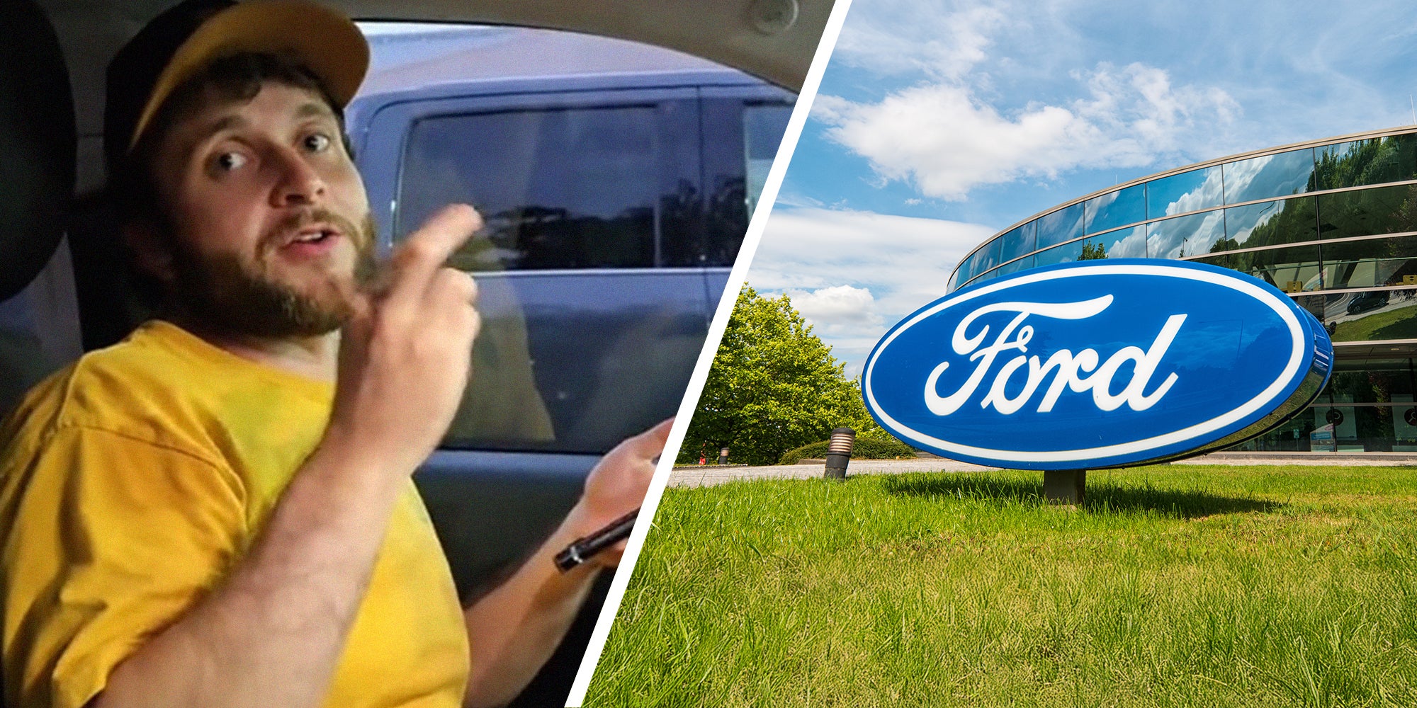 Man shares experience buying ford Maverick(l) Ford Dealer Sign(r)