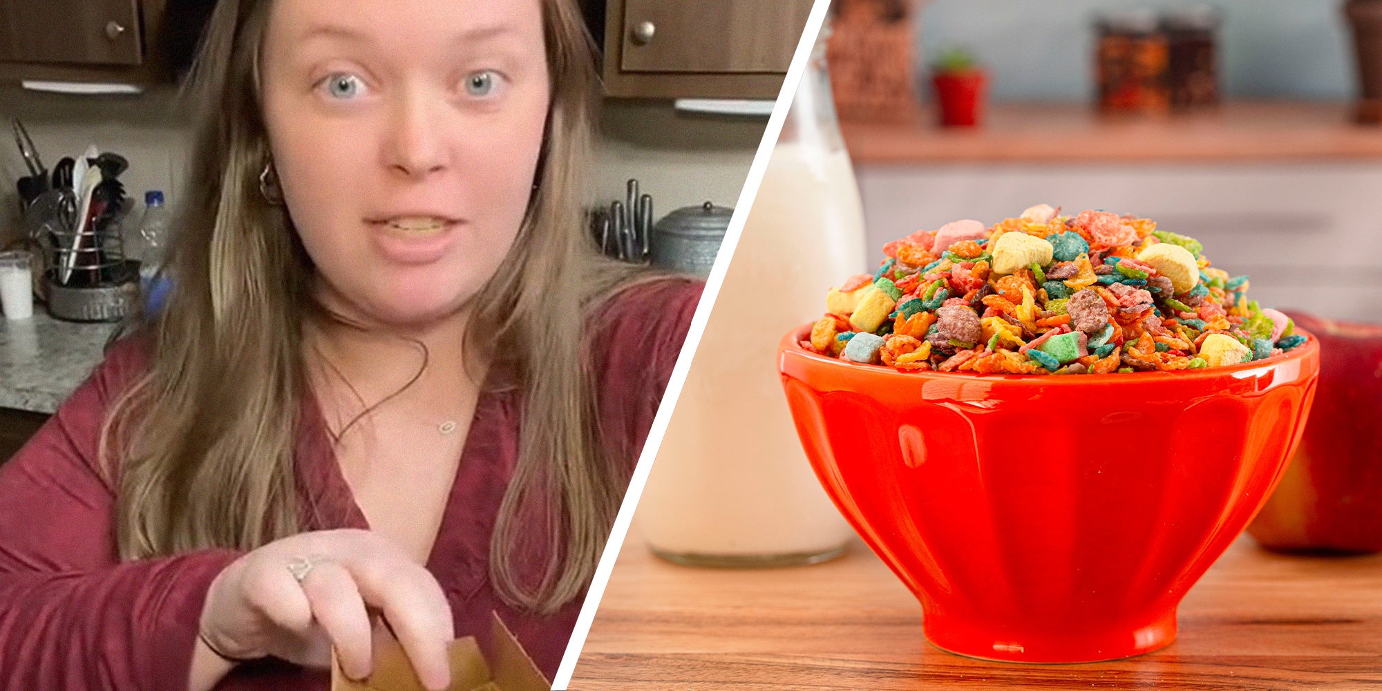 woman opening cereal box(l) Fruity Pebbles on red bowl(r)