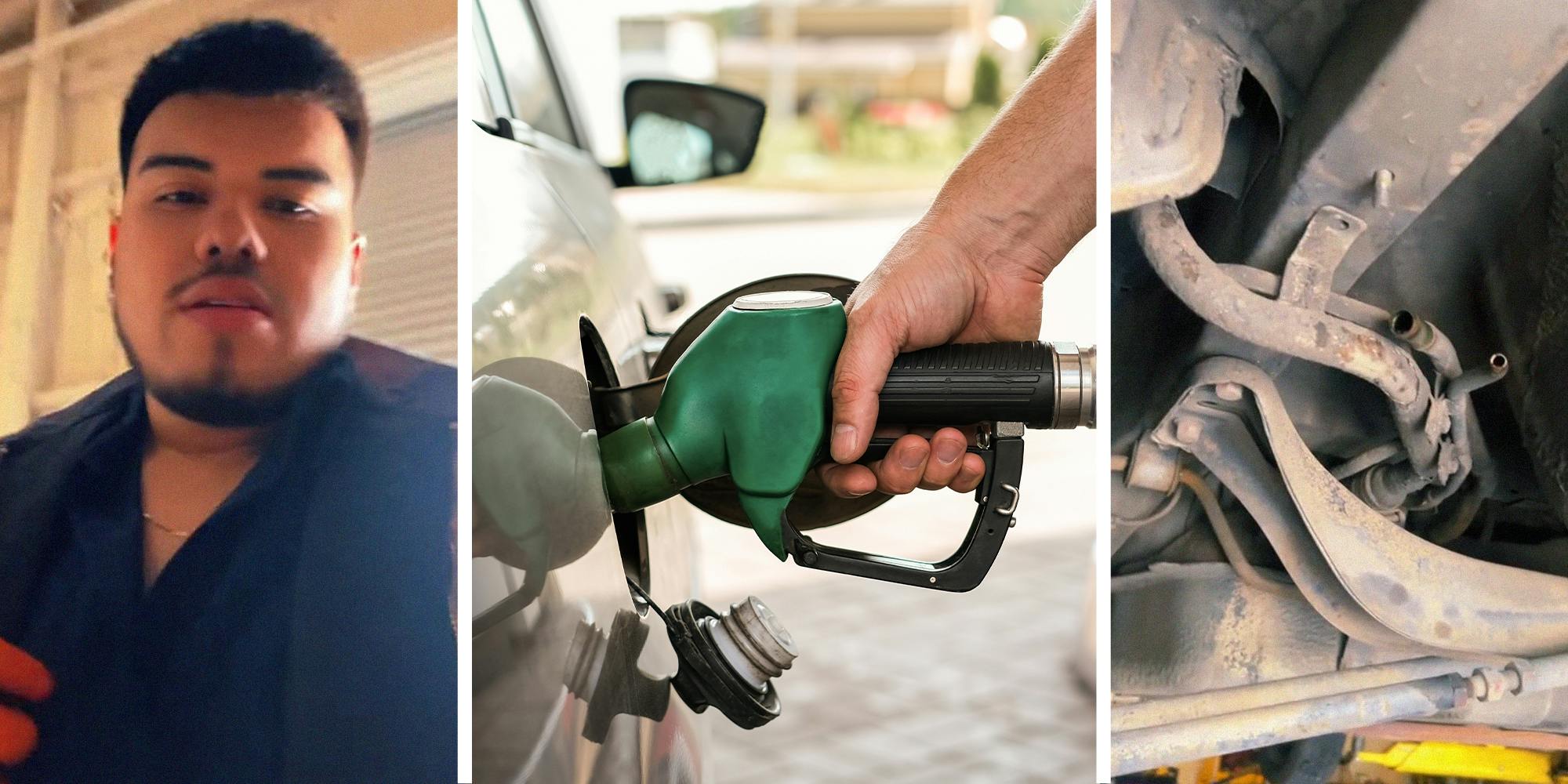 Mechanic sharing information(l) Filling up Gas Tank(c) Fuel Line Below vehicle(r)