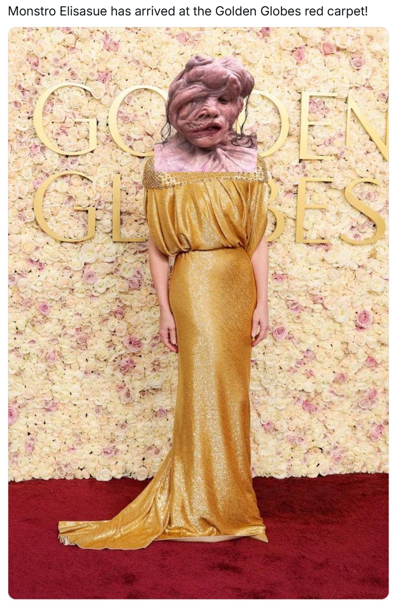 Golden Globes meme, text reads, 'Monstro Elisasue has arrived at the Golden Globes red carpet!' with a photoshopped image of Monstro Elisasue over a Golden Globes red carpet outfit.