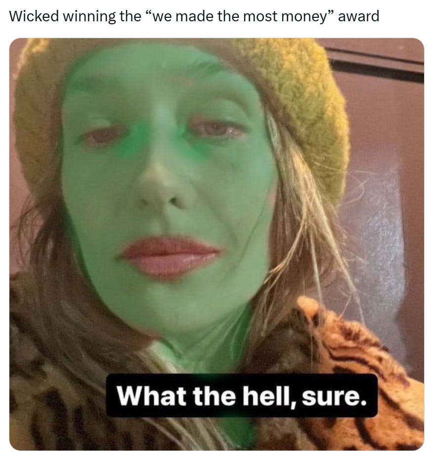 Golden Globes meme, text reads, 'Wicked winning the 'we made the most money' award' with a photo of a woman with her skin turned green via a poor edit. Text on the image reads, 'What the hell, sure.'