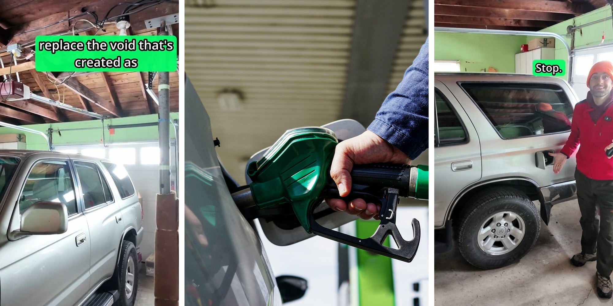 Toyota 4Runner(l) Filling up gas tank(c) Man next to vehicle with open gas tank(r)