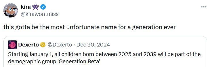 Tweet reading 'this gotta be the most unfortunate name for a generation ever.'