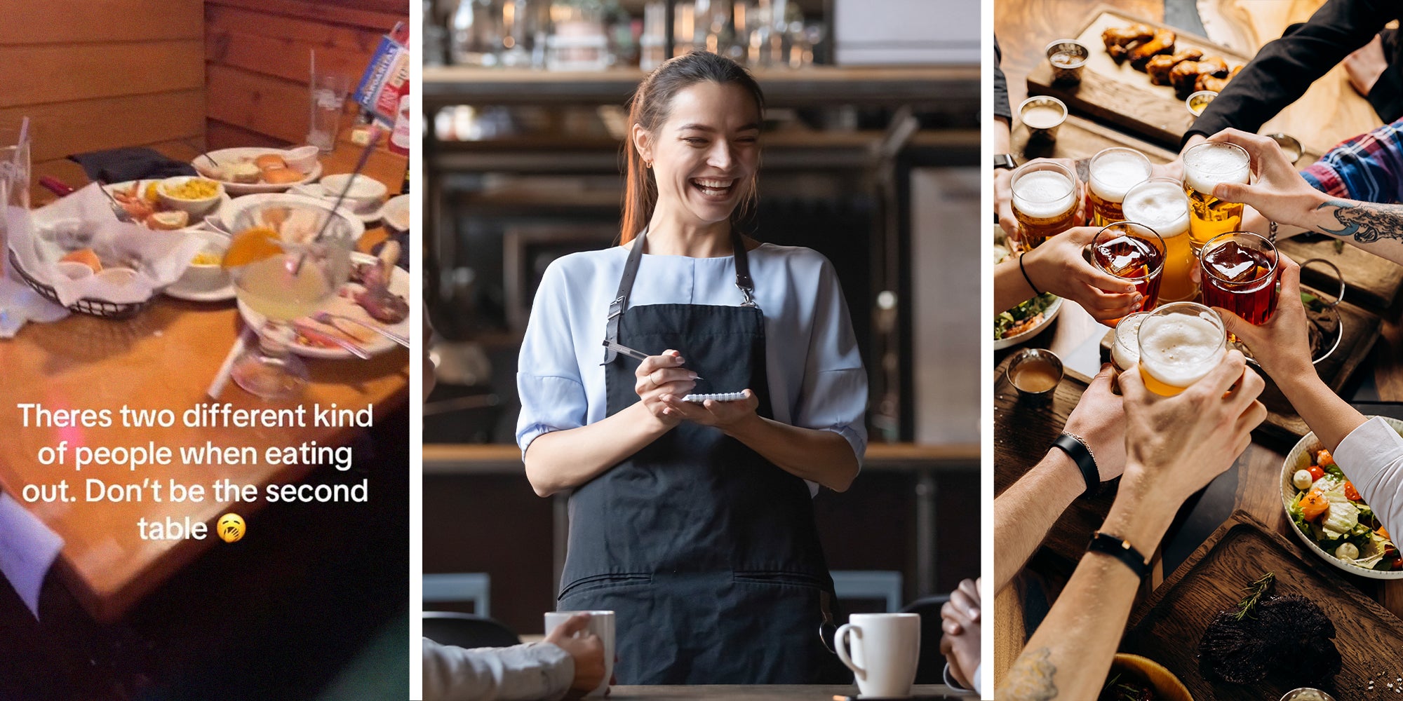 Table left with full messy plates at restaurant(l) Server Taking Order(c) group of people eating (r)