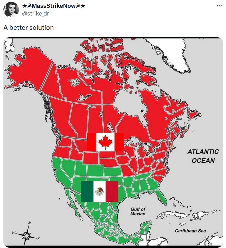 Gulf of America meme with North America redrawn to divide the U.S. between Canada and Mexico.