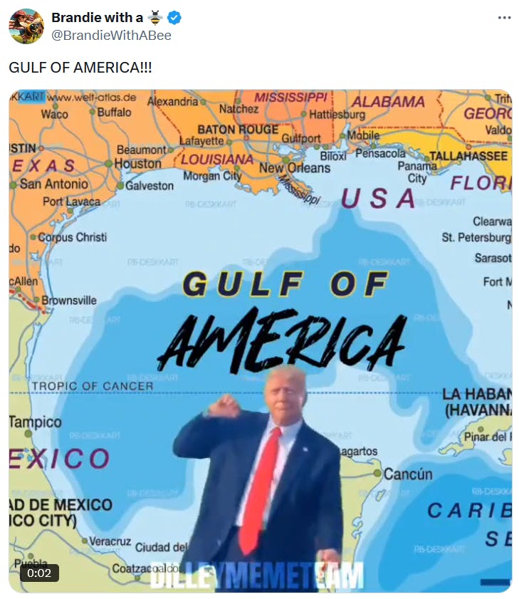 Gulf of America meme with a video of Donald Trump erasing 'Mexico' in the gulf's name and replacing it with 'America,' then dancing.