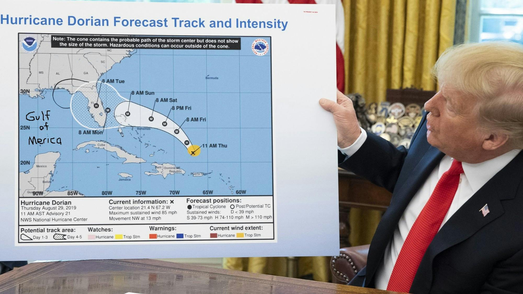 Gulf of America meme in the Donald Trump redrawing the hurricane map format.