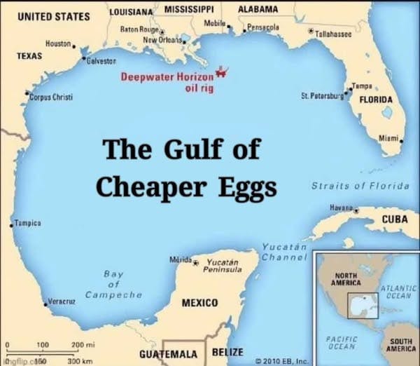 Gulf of America meme with the gulf named 'The Gulf of Cheaper Eggs.'