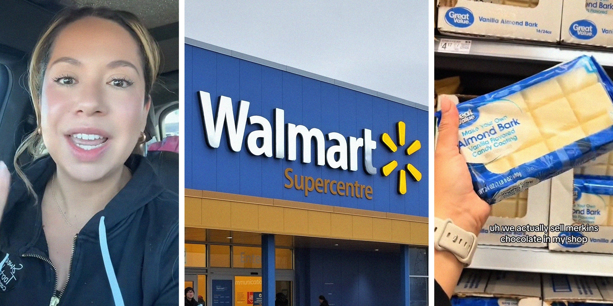 Woman smiling(l) Walmart Store front(c) White Chocolate bar from Great Value(r)