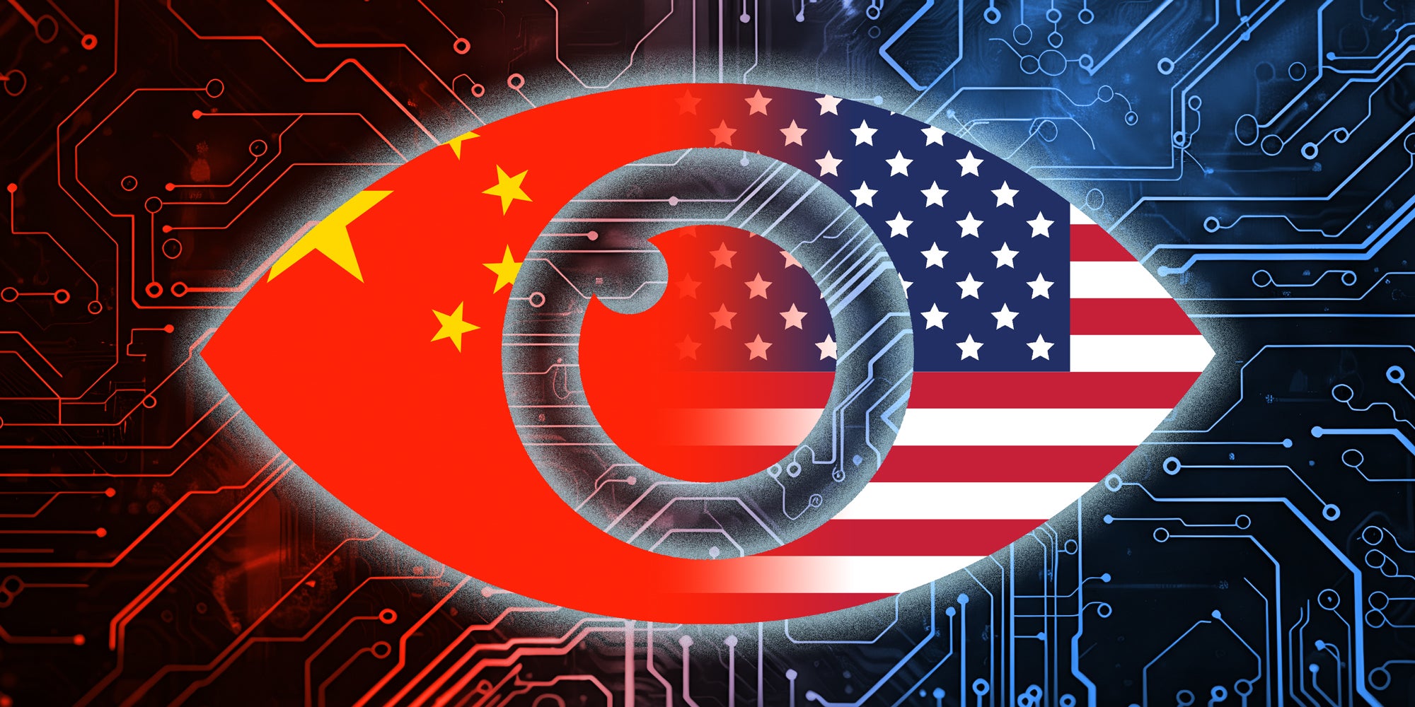 Illustration showing an eye symbol with both the Chinese and United States flag in it. Surrounded by branching circuitry.