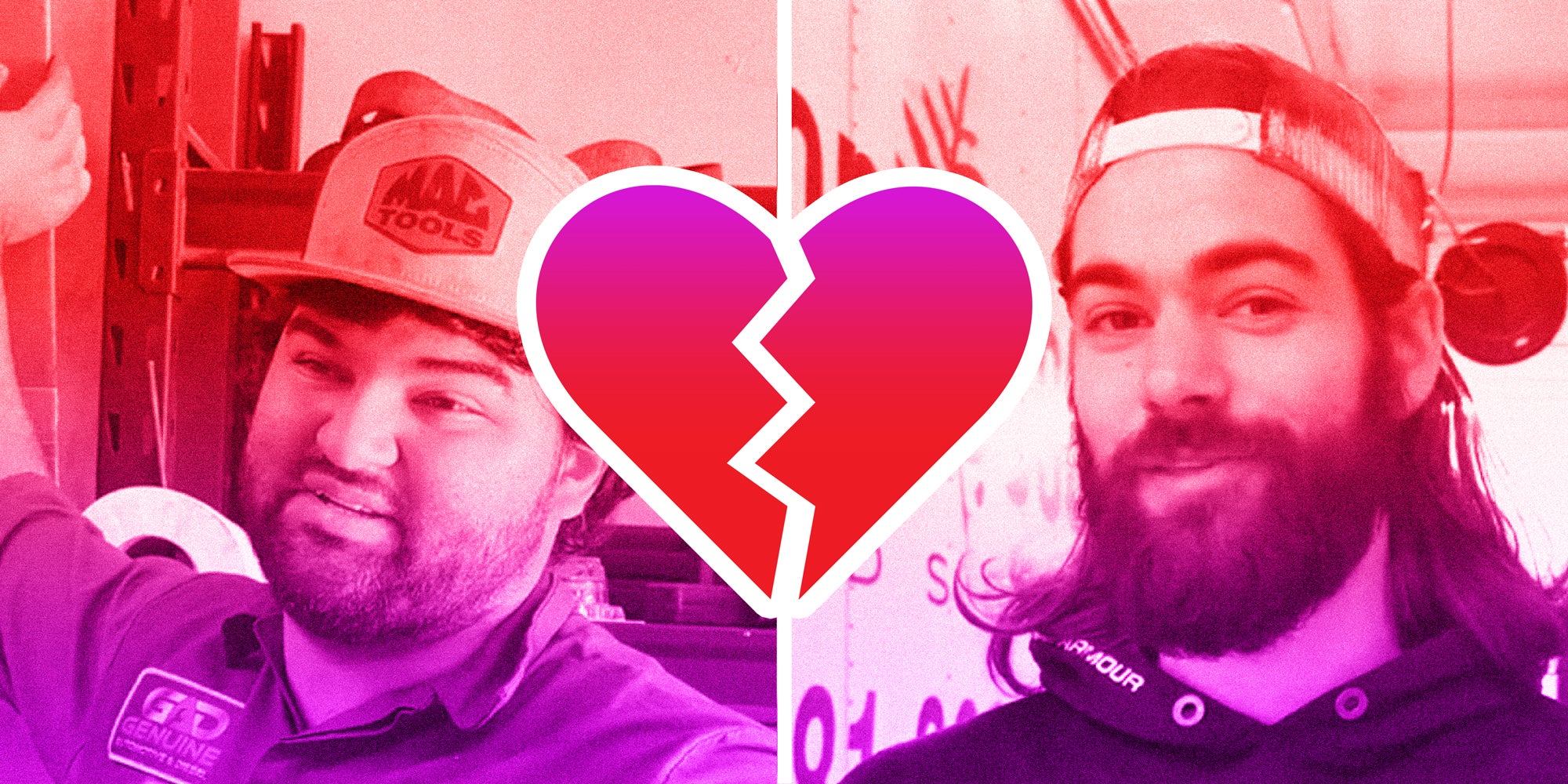 2 panel image showing two mechanics explaining, in between them is a broken heart symbol.