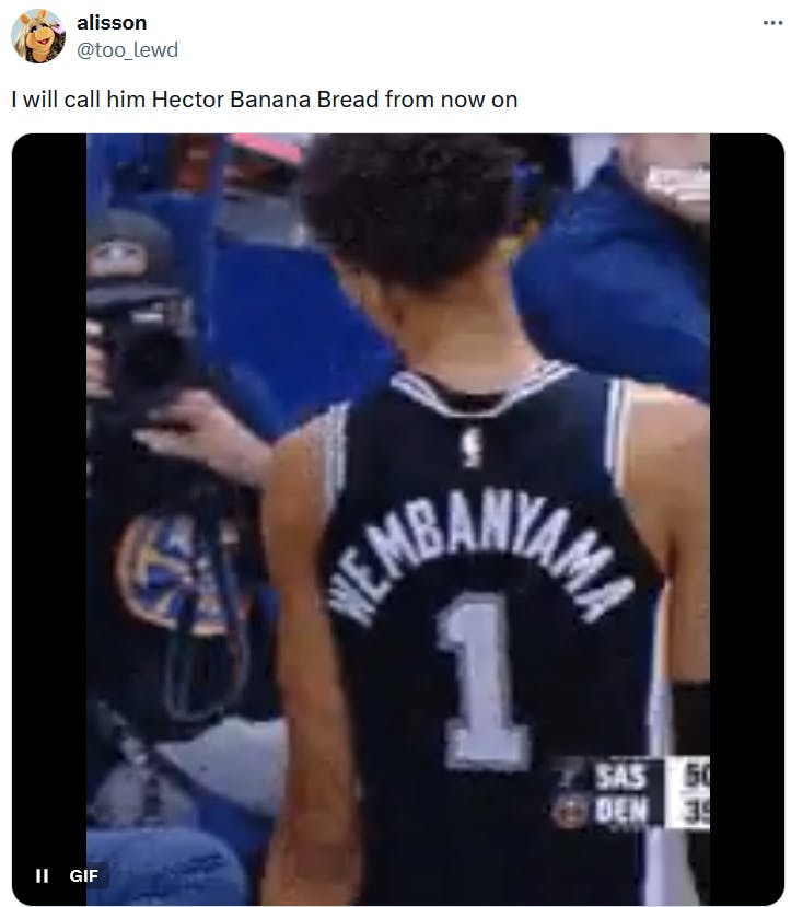 Gif of Victor Wembanyama calling him Hector Banana Bread.