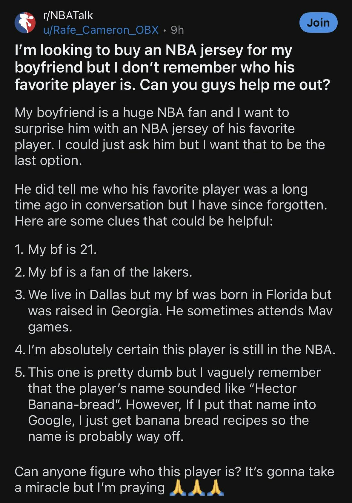 Screenshot of a Reddit post asking for help identifying the name of an NBA player that sounds like Hector Banana Bread.