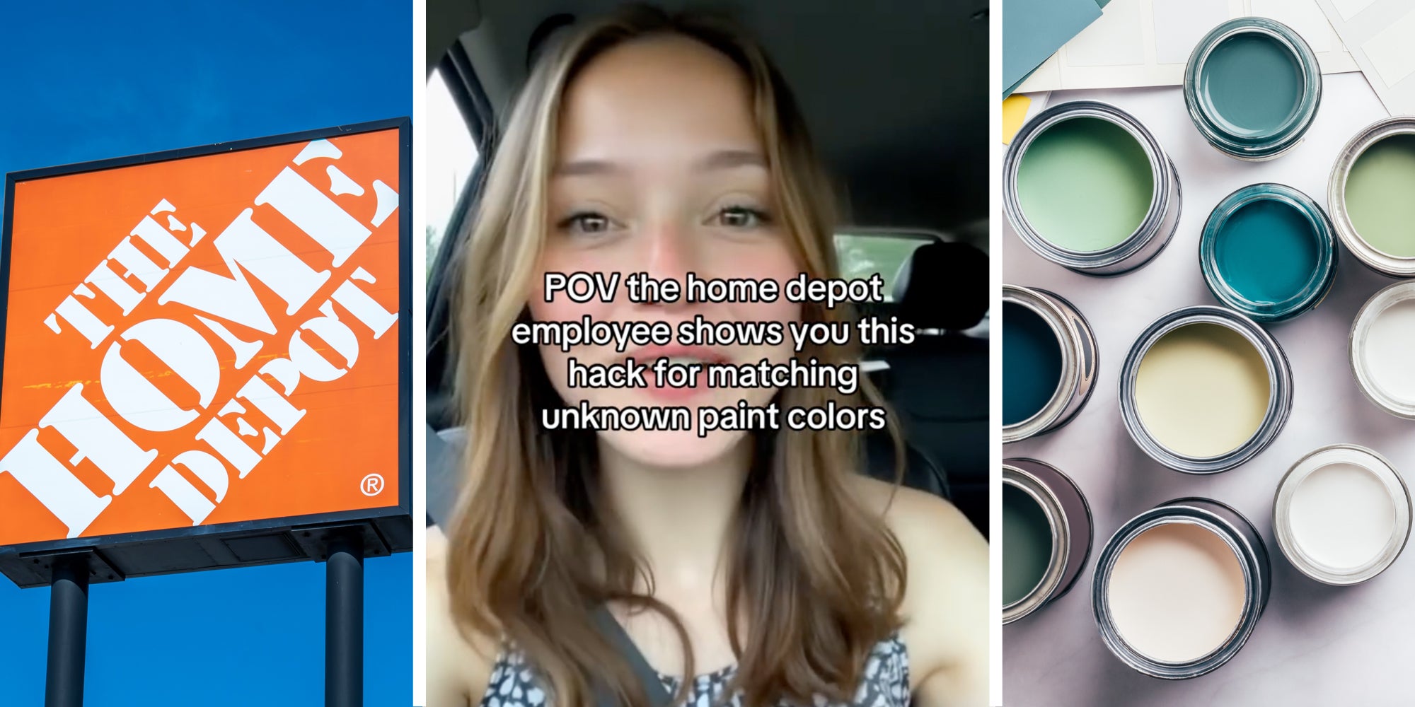Home Depot sign(l), Woman talking with text 'pov the home depot employee shows you this hack for matching unknown paint colors.'(c), Paint cans(r)