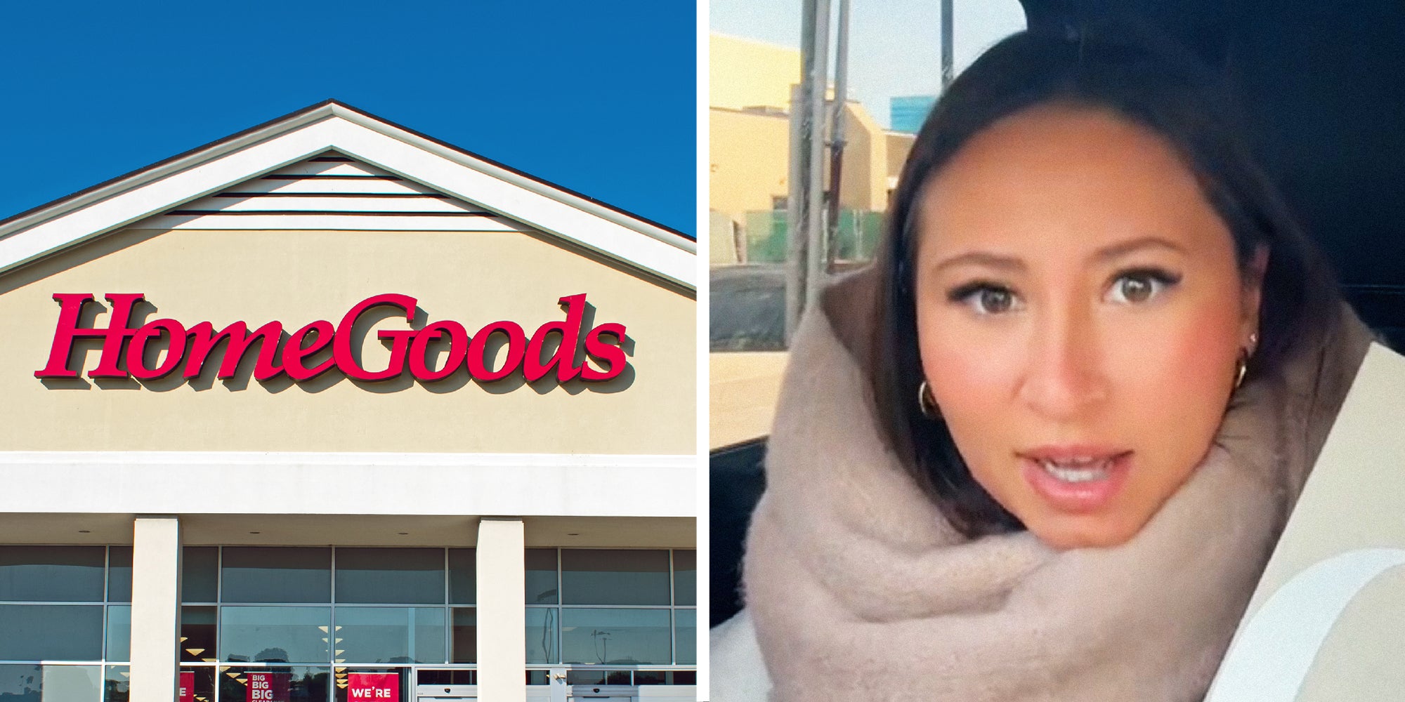 2 panel image: on the left is the exterior of a HomeGoods store. On the right a person explains.