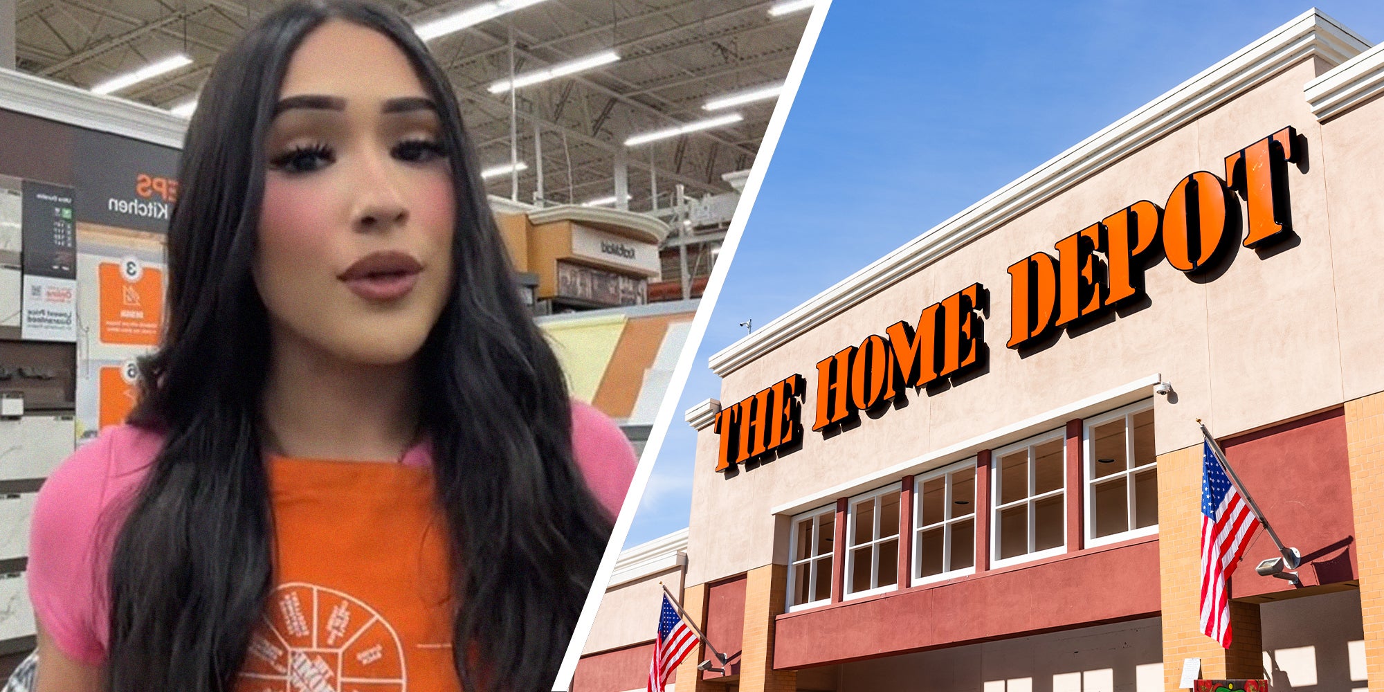 woman working at Home Depot(l) The Home Depot Store Front(r)