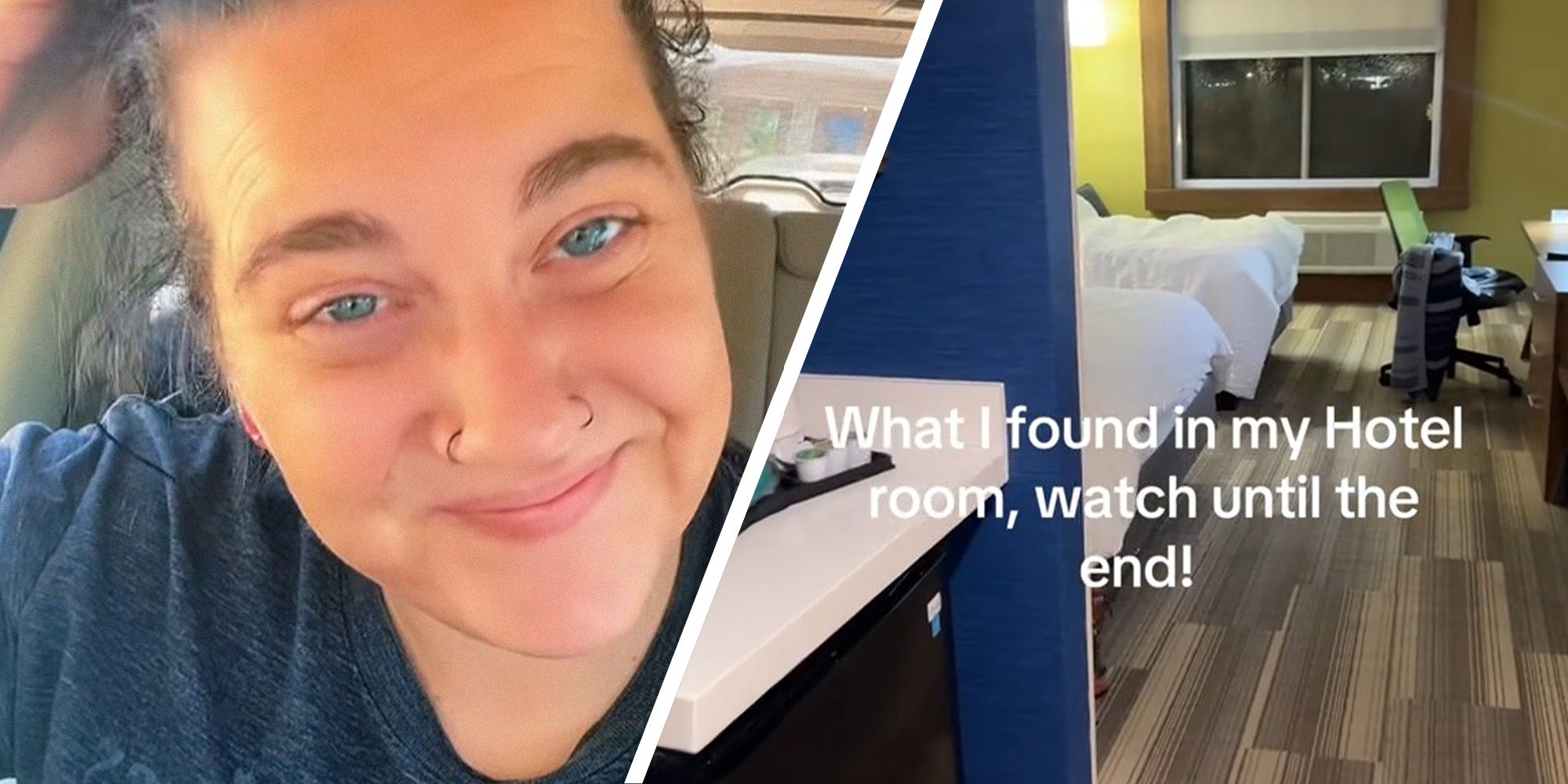 woman smiling(l) Hotel Room(r)
