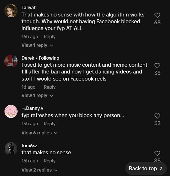 TikTok comments arguing about whether blocking the Facebook account refreshes the FYP.