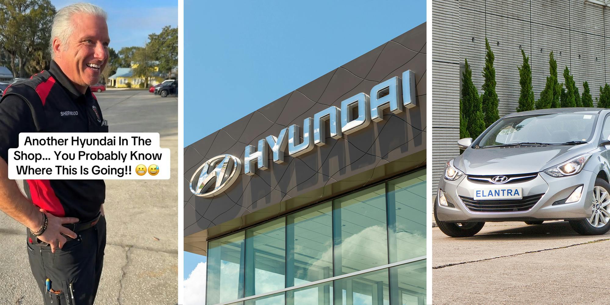 Man smiling(l) Hyundai Dealer Sign on Building(c) Hyundai Elantra