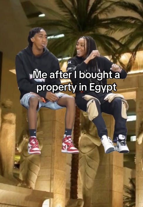 I bought a property in Egypt meme showing the Chopped Chin pair in an Egypt themed hotel.