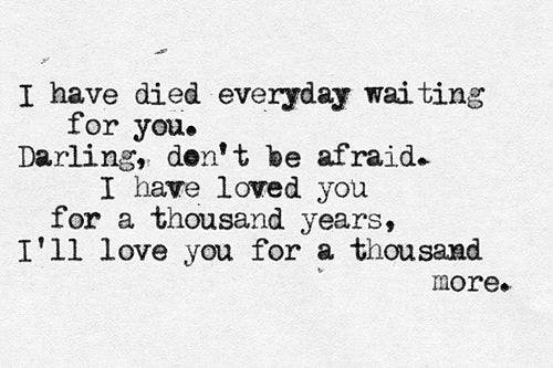 image that reads 'i have died every day waiting for you/darling don't be afraid/i have loved you for a thousand years/i'll love you for a thousand more'