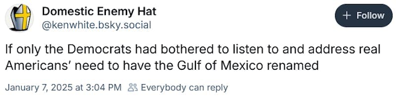 Bluesky post reading 'If only the Democrats had bothered to listen to and address real Americans’ need to have the Gulf of Mexico renamed.'