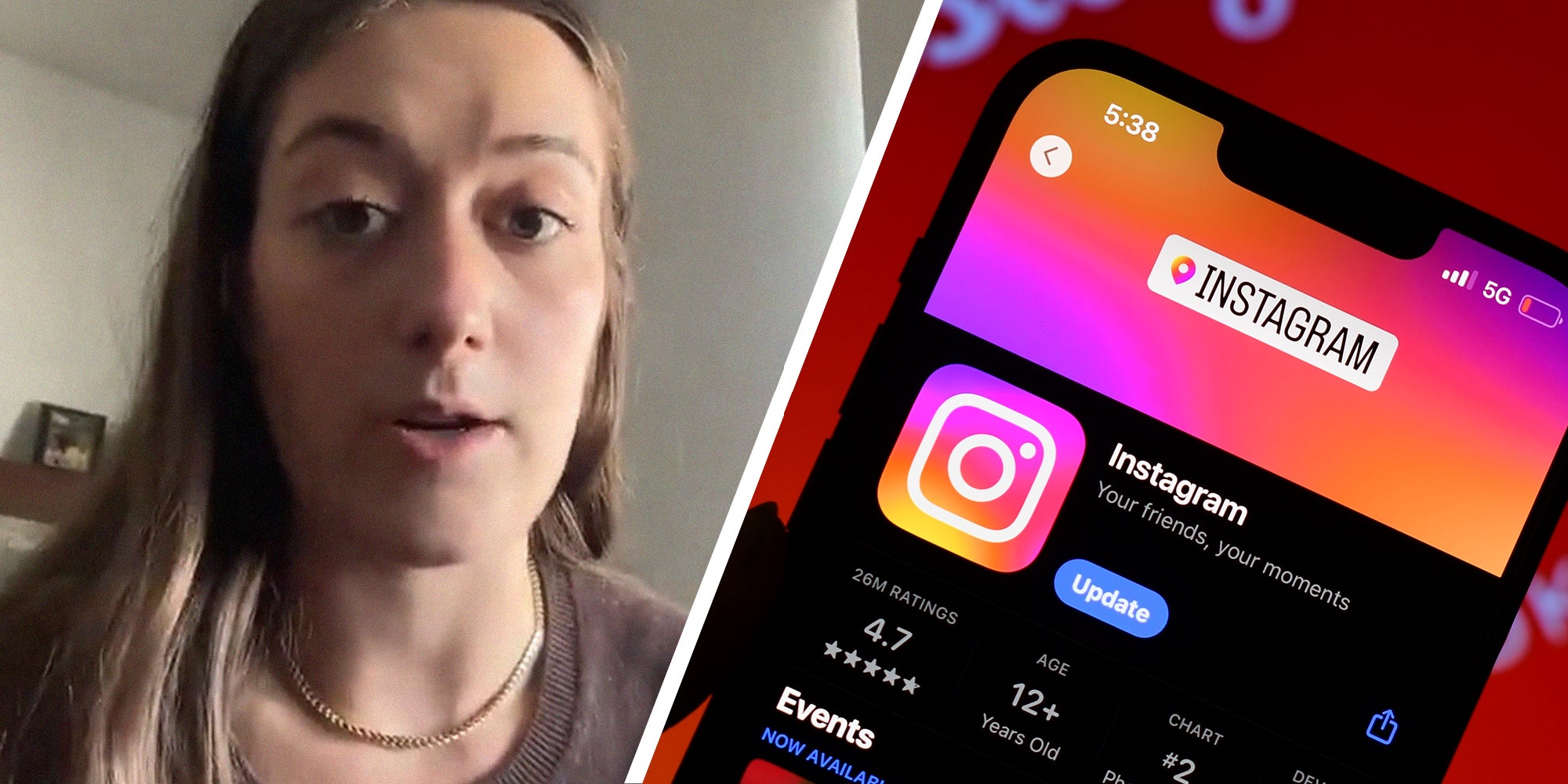 woman sharing information on why she cannot use instagram(l) Instagram download page(r)