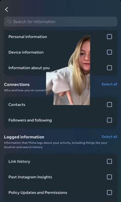 Screenshot of Instagram's settings options with a blonde woman greenscreened on top.
