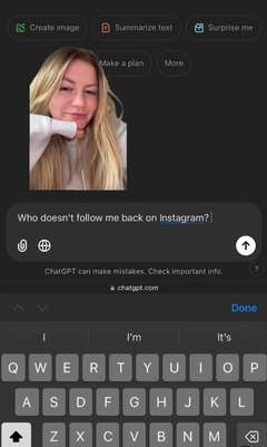 Screenshot of ChatGPT with a blonde woman greenscreened on top. Text on screen reads, "Who doesn't follow me back on Instagram?"