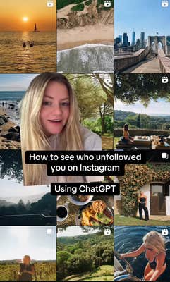 Screenshot of an Instagram account's posts with a blonde woman greenscreened on top. Text overlay reads, "How to see who unfollowed you on Instagram using ChatGPT."